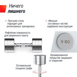Гантель UNIX Fit PRO круглая хромированная 9 кг, 2 шт.