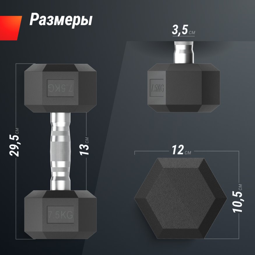Гантель гексагональная UNIX Fit обрезиненная 7,5 кг, 2 шт.