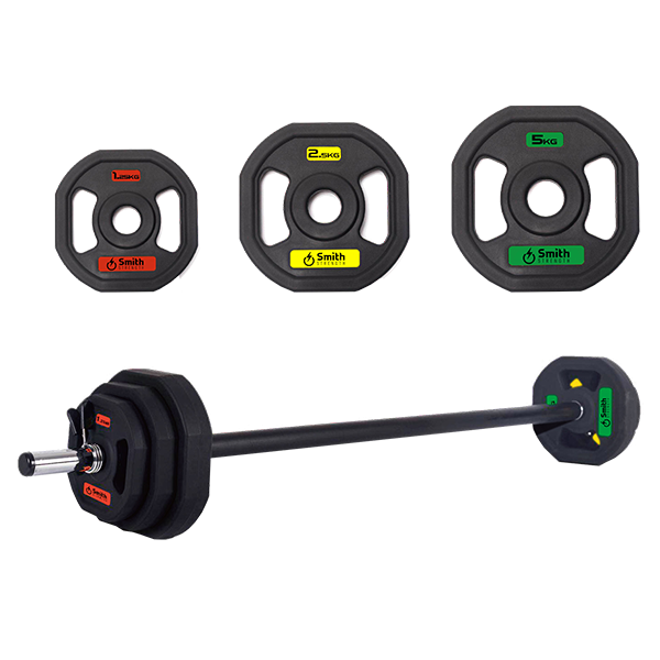 Комплект Smith PXPMS 05 - гимнастическая штанга 20кг:  гриф с пружинным замком;  2х5кг полеуретановый диск;  2x2.5кг полеуретановый диск;  2x1.25кг полеуретановый диск.
