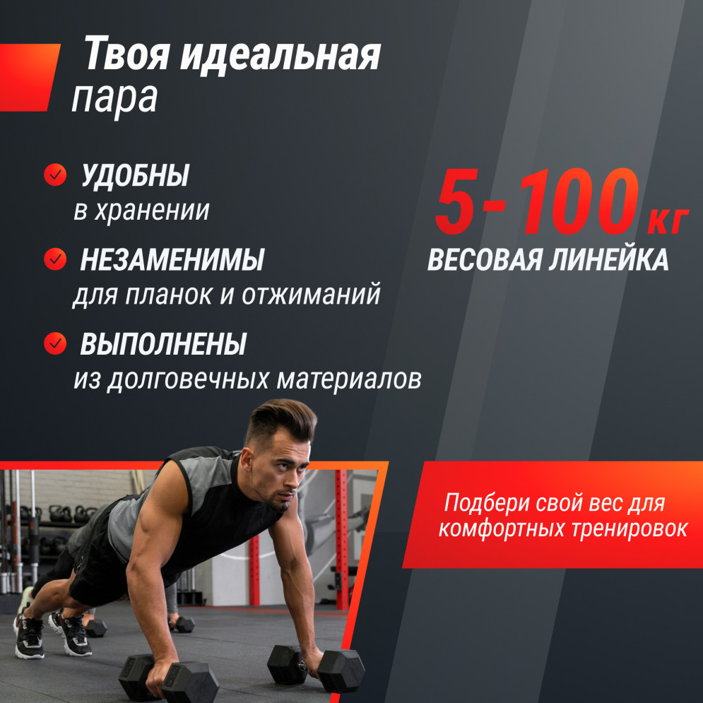 Гантель гексагональная UNIX Fit обрезиненная 42,5 кг, 2 шт.