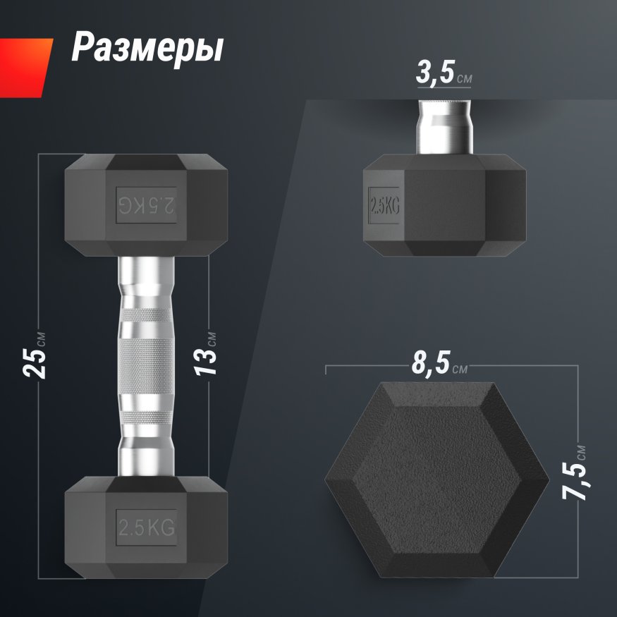 Гантель гексагональная UNIX Fit обрезиненная 2,5 кг, 2 шт.