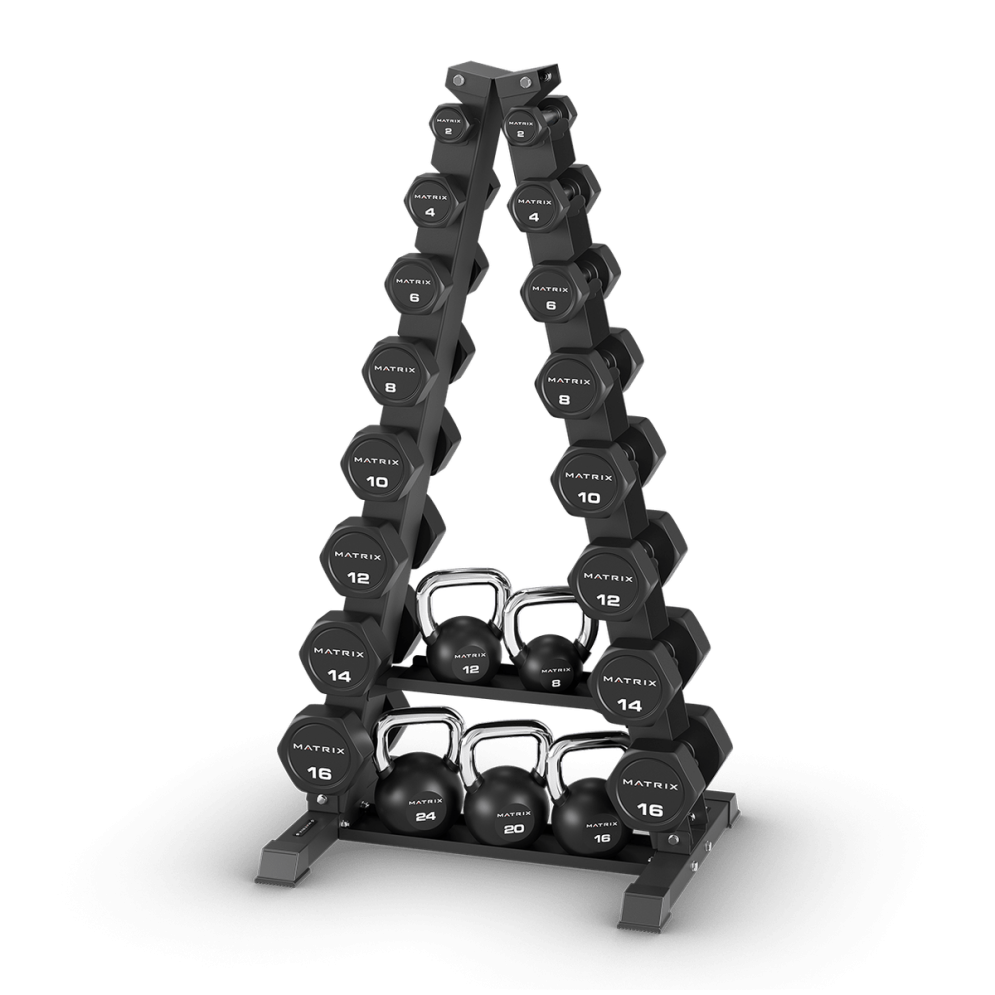 Стойка вертикальная для гантелей и полками для гирь на 8 пар Matrix Fitness A-Frame DB Rack w/KB shelf